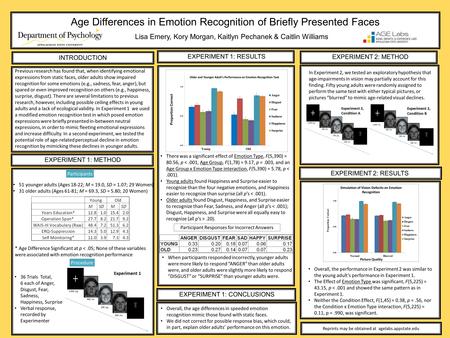 Age Differences in Emotion Recognition of Briefly Presented Faces Lisa Emery, Kory Morgan, Kaitlyn Pechanek & Caitlin Williams Reprints may be obtained.