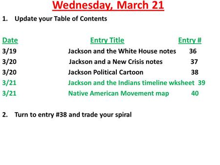 Wednesday, March 21 1.Update your Table of Contents DateEntry TitleEntry # 3/19Jackson and the White House notes 36 3/20 Jackson and a New Crisis notes.