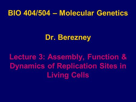 BIO 404/504 – Molecular Genetics Dr. Berezney Lecture 3: Assembly, Function & Dynamics of Replication Sites in Living Cells.
