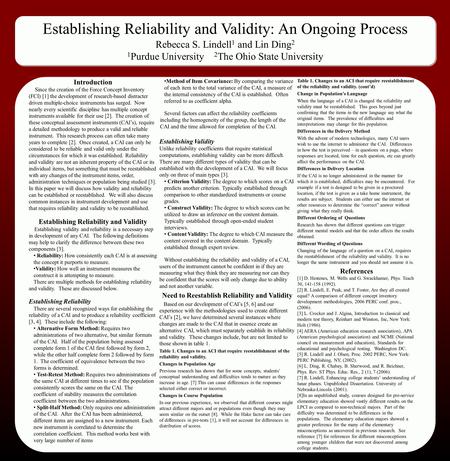 Establishing Reliability and Validity: An Ongoing Process Rebecca S. Lindell 1 and Lin Ding 2 1 Purdue University 2 The Ohio State University Establishing.