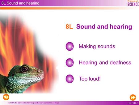 © OUP: To be used solely in purchaser’s school or college 8L Sound and hearing Making sounds Hearing and deafness 8L Sound and hearing Too loud!