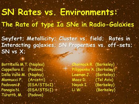 SN Rates vs. Environments: The Rate of type Ia SNe in Radio-Galaxies Botticella M.T. (Naples) Cappellaro E. (Padova) Della Valle M. (Naples) Mannucci F.