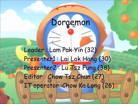 Doraemon Leader : Lam Pak Yin (32) Presenter1 : Lai Lok Hang (30)