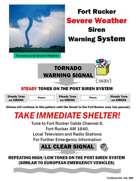 TORNADO WARNING SIGNAL Tornados and Severe Weather Fort Rucker Severe Weather Siren Warning System STEADY TONES ON THE POST SIREN SYSTEM TAKE IMMEDIATE.