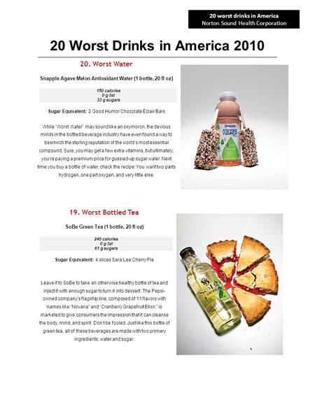 20 Worst Drinks in America 2010 20. Worst Water Snapple Agave Melon Antioxidant Water (1 bottle, 20 fl oz) 150 calories 0 g fat 33 g sugars Sugar Equivalent: