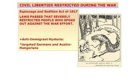 Espionage and Sedition Act of 1917 LAWS PASSED THAT SEVERELY RESTRICTED PEOPLE WHO SPOKE OUT AGAINST THE WAR EFFORT. +Anti-Immigrant Hysteria: *targeted.