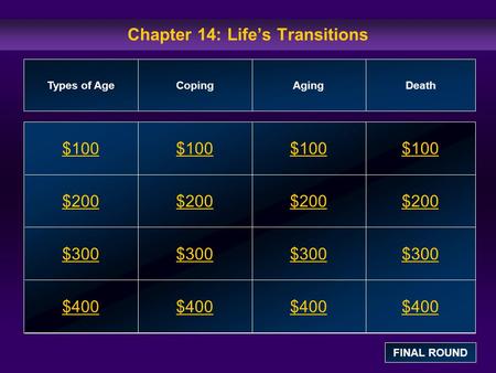 Chapter 14: Life’s Transitions $100 $200 $300 $400 $100$100$100 $200 $300 $400 Types of AgeCopingAgingDeath FINAL ROUND.