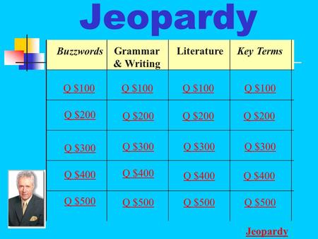 Jeopardy Buzzwords Grammar & Writing LiteratureKey Terms Q $100 Q $200 Q $300 Q $400 Q $500 Q $100 Q $200 Q $300 Q $400 Q $500 Jeopardy.