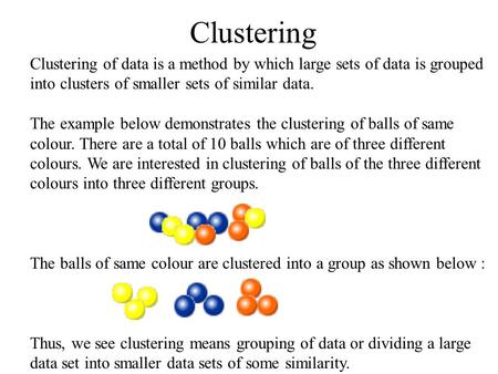 Clustering Clustering of data is a method by which large sets of data is grouped into clusters of smaller sets of similar data. The example below demonstrates.