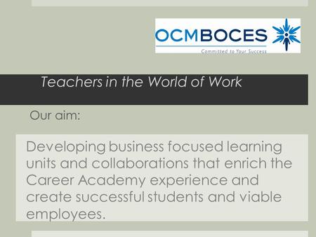 Teachers in the World of Work Developing business focused learning units and collaborations that enrich the Career Academy experience and create successful.