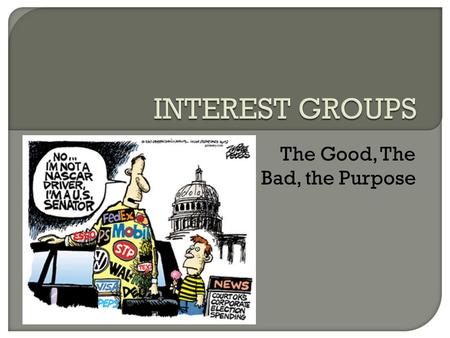 The Good, The Bad, the Purpose.  A private organization that tries to persuade government to pursue favored policies.  Protected by the 1 st Amendment.