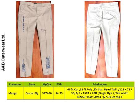 A&B Outerwear Ltd. CustomerStyleO/QtyFOBFabrication MangoCasual Big347400$4.75 66 % Ctn,32 % Poly,2% Spx Dyed Twill /128 x 72 / 36/2/1 x 150T + 70D (Single.