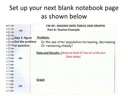 Set up your next blank notebook page as shown below CW #9 : MAKING DATA TABLES AND GRAPHS Part A: Teacher Example Problem: Data and Results: (leave at.