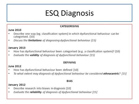 ESQ Diagnosis CATEGORISING June 2010 Describe one way (eg. classification system) in which dysfunctional behaviour can be categorised. (10) Discuss the.