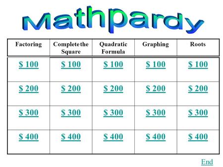 FactoringComplete the Square Quadratic Formula GraphingRoots $ 100 $ 200 $ 300 $ 400 End.