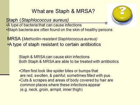 What are Staph & MRSA? Staph (Staphlococcus aureus)