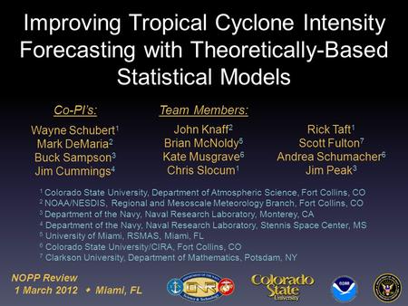 Improving Tropical Cyclone Intensity Forecasting with Theoretically-Based Statistical Models Co-PI’s: Wayne Schubert 1 Mark DeMaria 2 Buck Sampson 3 Jim.