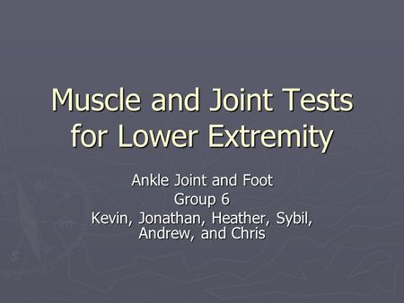 Muscle and Joint Tests for Lower Extremity Ankle Joint and Foot Group 6 Kevin, Jonathan, Heather, Sybil, Andrew, and Chris.