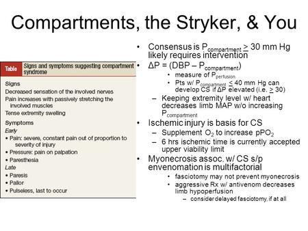 Compartments, the Stryker, & You Consensus is P compartment > 30 mm Hg likely requires intervention ΔP = (DBP – P compartment ) measure of P perfusion.
