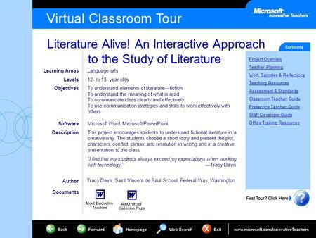 Literature Alive! An Interactive Approach to the Study of Literature Project Overview Teacher Planning Work Samples & Reflections Teaching Resources Assessment.