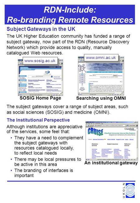 RDN-Include: Re-branding Remote Resources Subject Gateways in the UK The UK Higher Education community has funded a range of subject gateway, now part.