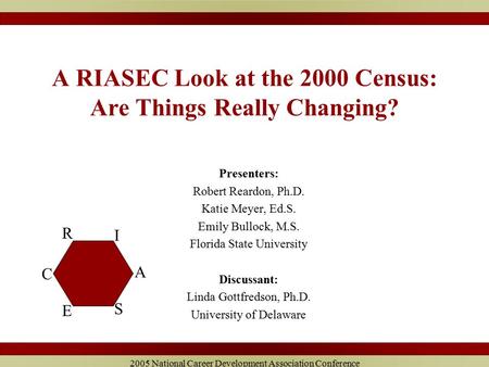 2005 National Career Development Association Conference A RIASEC Look at the 2000 Census: Are Things Really Changing? Presenters: Robert Reardon, Ph.D.