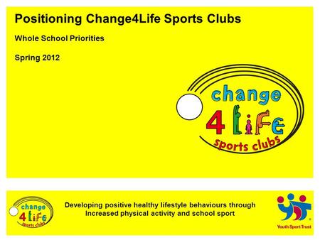 Developing positive healthy lifestyle behaviours through Increased physical activity and school sport Positioning Change4Life Sports Clubs Whole School.