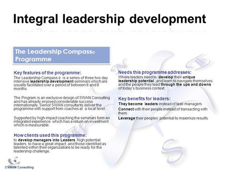 ©SWAN Consulting Key features of the programme: The Leadership Compass © is a series of three two day intensive leadership development seminars which are.