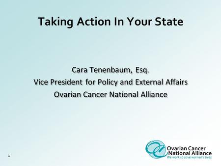 Taking Action In Your State 1 Cara Tenenbaum, Esq. Vice President for Policy and External Affairs Ovarian Cancer National Alliance Cara Tenenbaum, Esq.