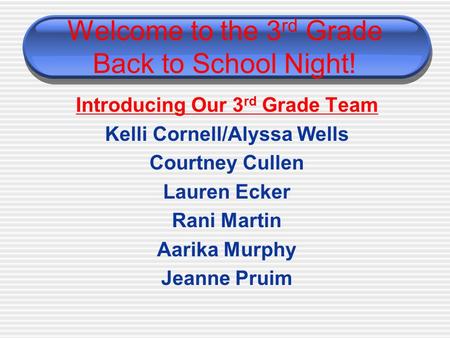 Welcome to the 3 rd Grade Back to School Night! Introducing Our 3 rd Grade Team Kelli Cornell/Alyssa Wells Courtney Cullen Lauren Ecker Rani Martin Aarika.