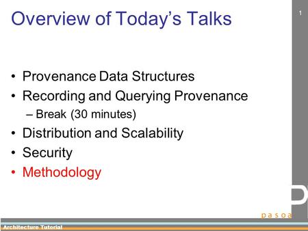 Architecture Tutorial 1 Overview of Today’s Talks Provenance Data Structures Recording and Querying Provenance –Break (30 minutes) Distribution and Scalability.