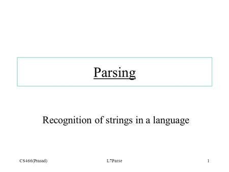 CS466(Prasad)L7Parse1 Parsing Recognition of strings in a language.
