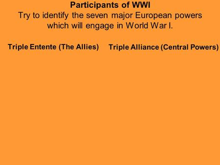 Participants of WWI Try to identify the seven major European powers which will engage in World War I. Triple Entente (The Allies) Triple Alliance (Central.