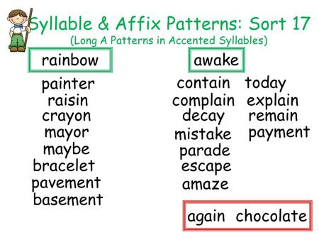 Syllable & Affix Patterns: Sort 17 (Long A Patterns in Accented Syllables) bracelet mayor today pavement mistake painter rainbow maybe basement raisin.