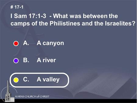 A. A canyon B. A river C. A valley I Sam 17:1-3 - What was between the camps of the Philistines and the Israelites? # 17-1.
