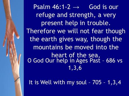 Psalm 46:1-2 → God is our refuge and strength, a very present help in trouble. Therefore we will not fear though the earth gives way, though the mountains.