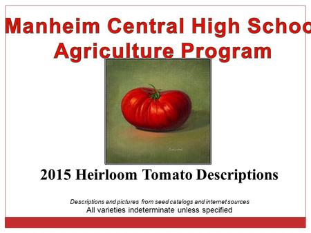 2015 Heirloom Tomato Descriptions Descriptions and pictures from seed catalogs and internet sources All varieties indeterminate unless specified.