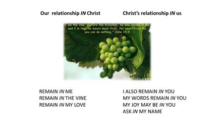 Our relationship IN ChristChrist’s relationship IN us REMAIN IN MEI ALSO REMAIN IN YOU REMAIN IN THE VINEMY WORDS REMAIN IN YOU REMAIN IN MY LOVEMY JOY.