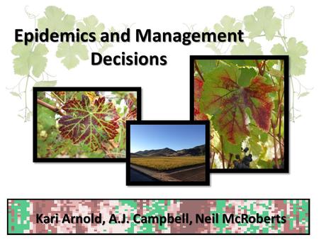 Epidemics and Management Decisions Kari Arnold, A.J. Campbell, Neil McRoberts.