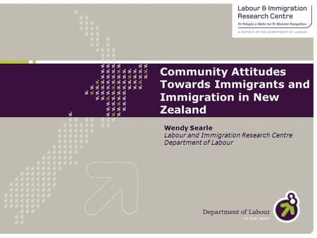 Community Attitudes Towards Immigrants and Immigration in New Zealand Wendy Searle Labour and Immigration Research Centre Department of Labour.