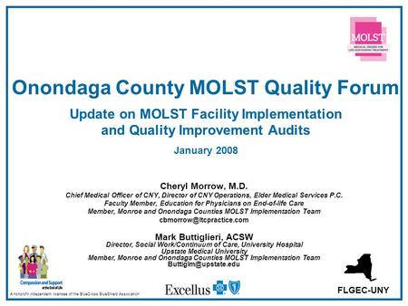 Onondaga County MOLST Quality Forum Update on MOLST Facility Implementation and Quality Improvement Audits January 2008 Cheryl Morrow, M.D. Chief Medical.