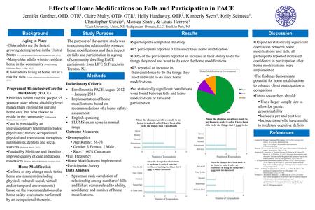 Effects of Home Modifications on Falls and Participation in PACE Jennifer Gardner, OTD, OTR 1, Claire Mulry, OTD, OTR 1, Holly Hardaway, OTR 2, Kimberly.