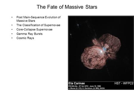 The Fate of Massive Stars Post Main-Sequence Evolution of Massive Stars The Classification of Supernovae Core-Collapse Supernovae Gamma Ray Bursts Cosmic.