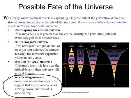 Possible Fate of the Universe W e already know that the universe is expanding. Only the pull of the gravitational force can slow it down. So, similar to.