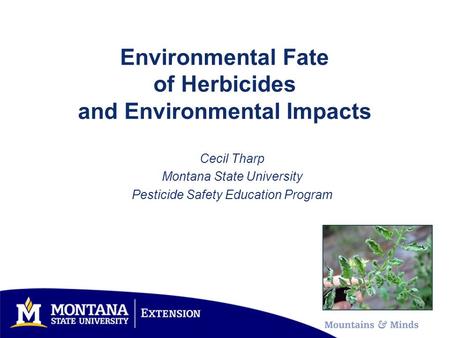Environmental Fate of Herbicides and Environmental Impacts Cecil Tharp Montana State University Pesticide Safety Education Program.