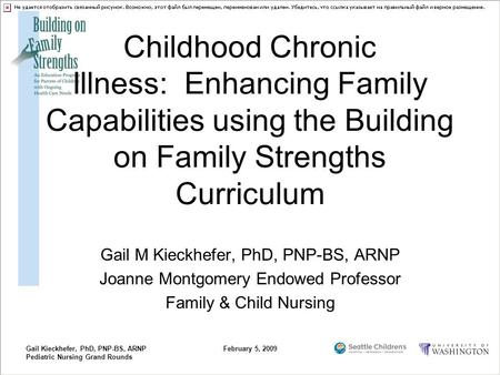 Gail Kieckhefer, PhD, PNP-BS, ARNP Pediatric Nursing Grand Rounds February 5, 2009 Childhood Chronic Illness: Enhancing Family Capabilities using the Building.