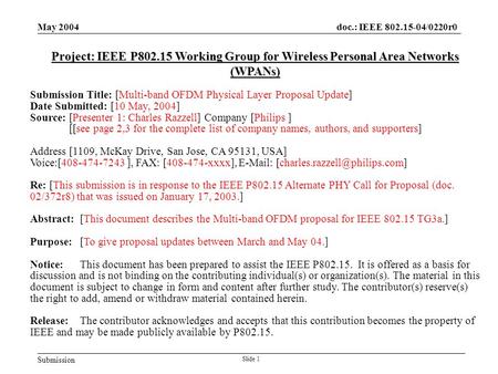 Submission doc.: IEEE 802.15-04/0220r0 May 2004 Slide 1 Project: IEEE P802.15 Working Group for Wireless Personal Area Networks (WPANs) Submission Title:
