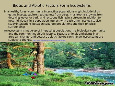 Biotic and Abiotic Factors Form Ecosystems In a healthy forest community, interacting populations might include birds eating insects, squirrels eating.