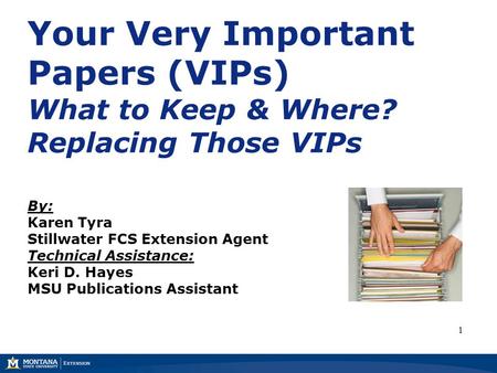 Your Very Important Papers (VIPs) What to Keep & Where? Replacing Those VIPs By: Karen Tyra Stillwater FCS Extension Agent Technical Assistance: Keri D.