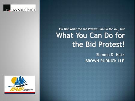 Shlomo D. Katz BROWN RUDNICK LLP Ask Not What the Bid Protest Can Do for You, but What You Can Do for the Bid Protest!